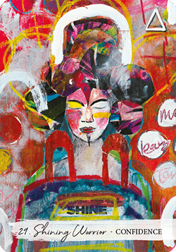 Geisha looking warrior with painted face and the word shine on her dress