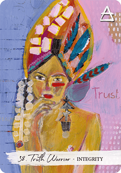 Warrior woman in the thinker's pose with a feather headdress and bare chest - the word trust is on the card